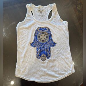 Vibrant White Tank Top with Blue and Gold Motif